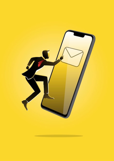 Une illustration d'un homme d'affaires flottant avec un téléphone portable géant sur fond jaune