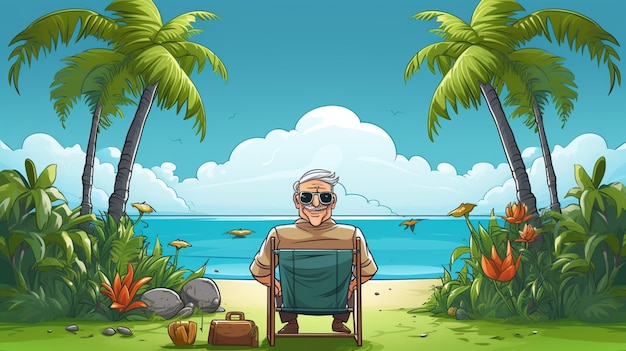Vecteur une illustration d'un homme assis sur une plage avec des palmiers et une plage en arrière-plan