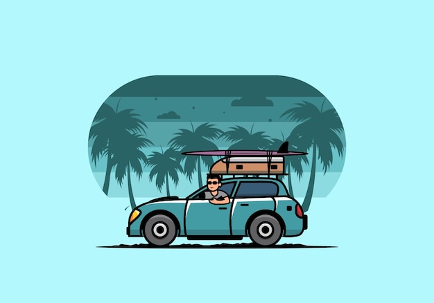 Illustration D'un Homme Conduisant Une Voiture Pour Des Vacances