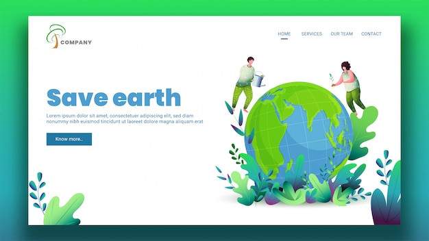 Illustration d'un homme et d'une femme jardinant sur un globe écologique pour la page de renvoi de Save Earth.
