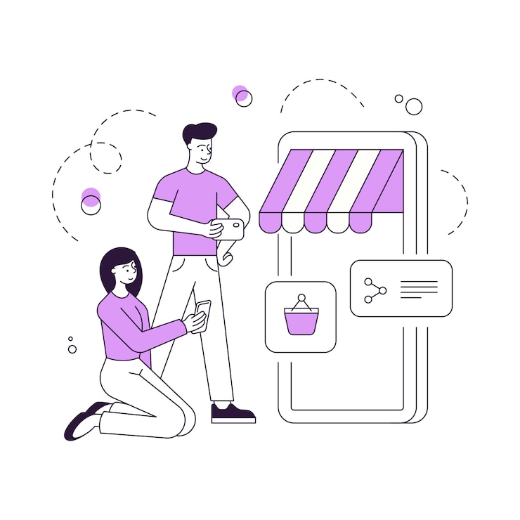 Vecteur illustration de l'homme et de la femme linéaire à l'aide de smartphones pour choisir et acheter des produits dans une application pratique pour les appareils numériques
