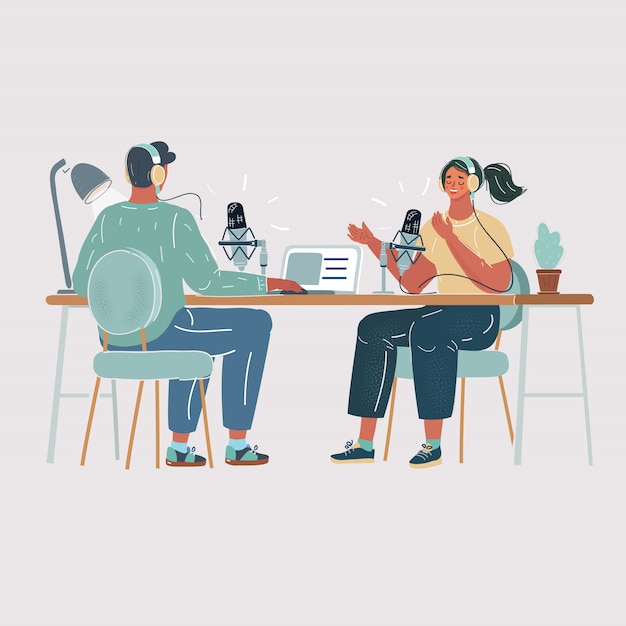 Illustration De L'homme Interviewant Une Femme Dans Un Studio De Radio. Processus De Création De Podcast. Air, Concept De Blog En Direct Sur Fond Blanc.