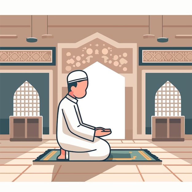 Vecteur illustration d'un homme musulman priant à l'intérieur d'une mosquée