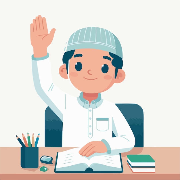 Vecteur illustration d'un homme musulman qui étudie et lève la main
