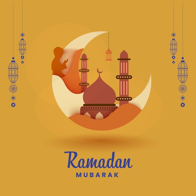 Illustration d'un homme musulman en silhouette priant au croissant de lune avec une mosquée et une lanterne suspendue sur fond jaune pour le concept de célébration du Ramadan Mubarak