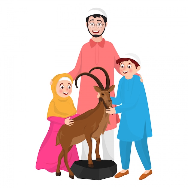 Illustration D'un Homme Musulman Avec Son Personnage De Chèvre Enfant Et Animal