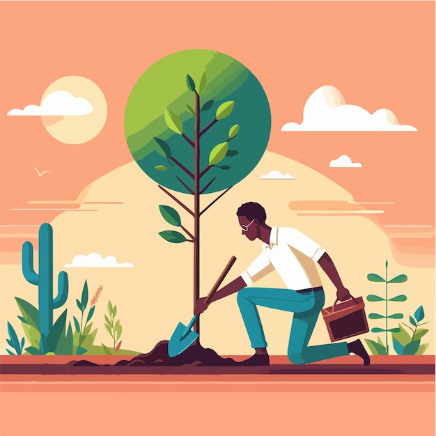 Vecteur illustration d'un homme plantant un arbre dans un style de conception plat simple