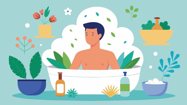 Vecteur une illustration d'un homme prenant un bain de herbes relaxant avec des dessins de différentes herbes et leurs