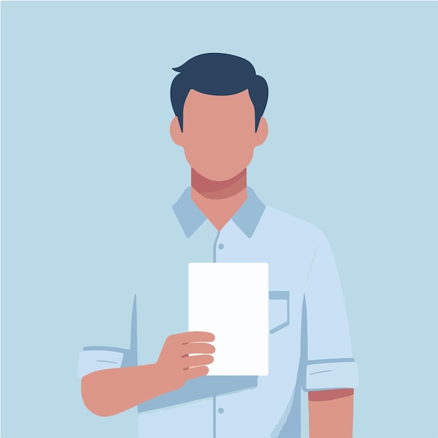 Vecteur illustration d'un homme tenant un papier blanc dans un style de conception plat