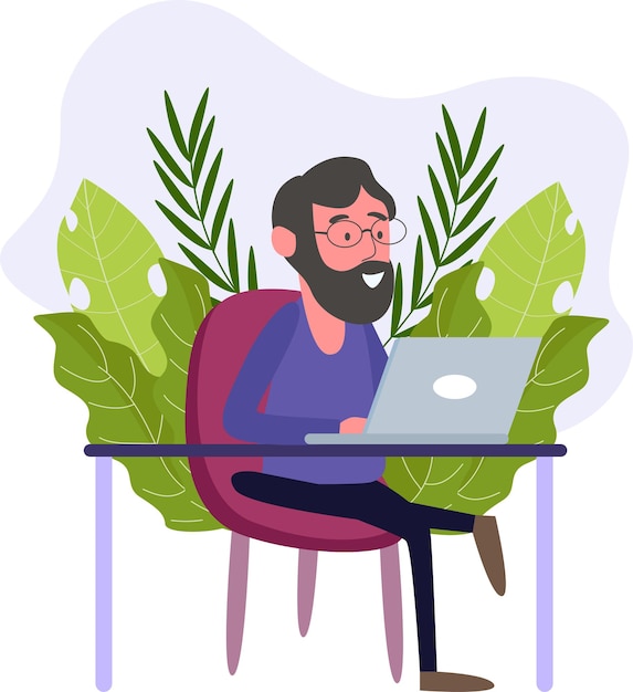 illustration d'un homme travaillant devant un ordinateur portable sur un fond de feuille
