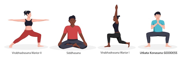 Illustration D'hommes Et De Femmes Faisant Des Exercices De Pose De Yoga