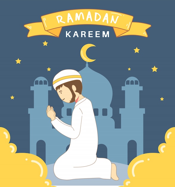 Illustration Des Hommes Musulmans Heureux Priant Pour Célébrer Le Ramadan Premium