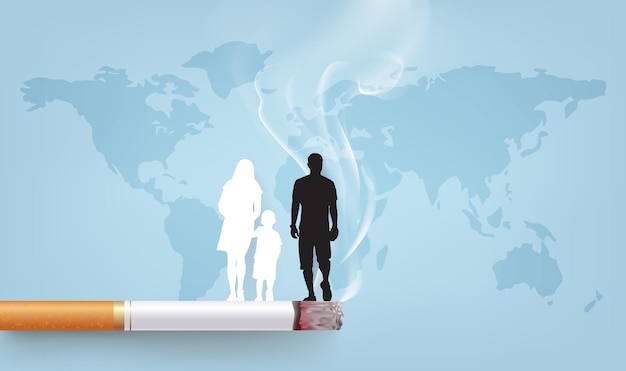 Illustration horizontale de cigarettes et d'une famille à l'occasion de la Journée mondiale contre le tabagisme