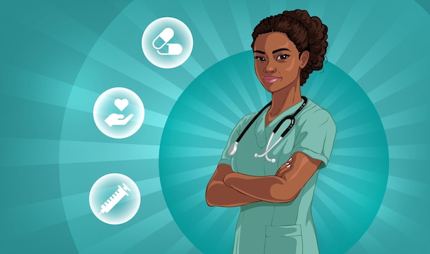 Illustration horizontale d'une infirmière sur un fond radiant pour la fête des infirmières