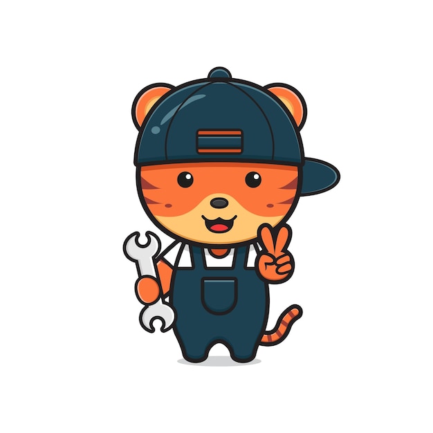 Vecteur illustration d'icône de dessin animé de personnage de mascotte d'ingénieur de tigre mignon