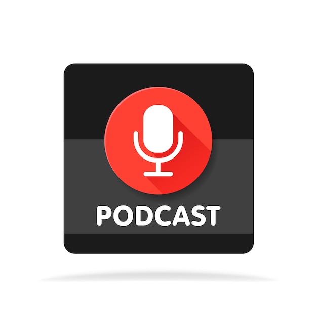 Illustration de l'icône radio podcast. Microphone de table de studio avec texte diffusé. Logo de concept d'enregistrement audio de diffusion sur le Web.