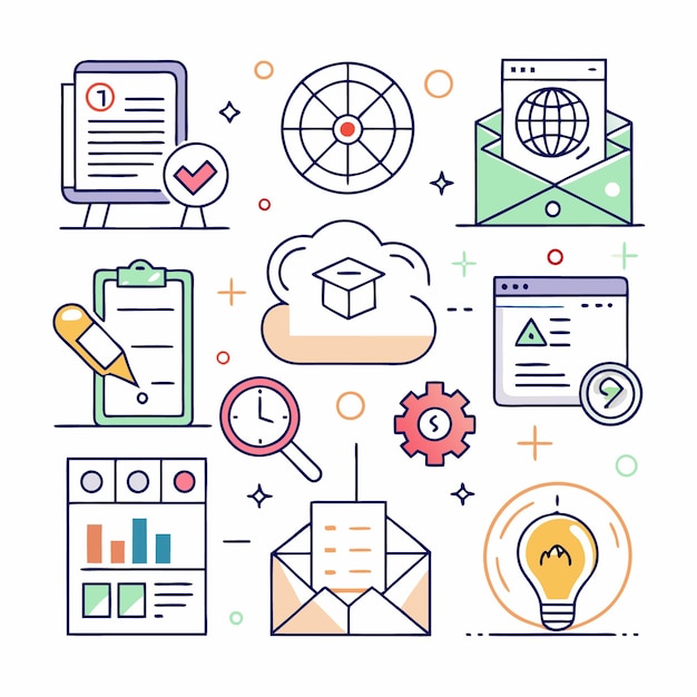 Illustration d'icônes représentant divers éléments de l'enseignement en ligne