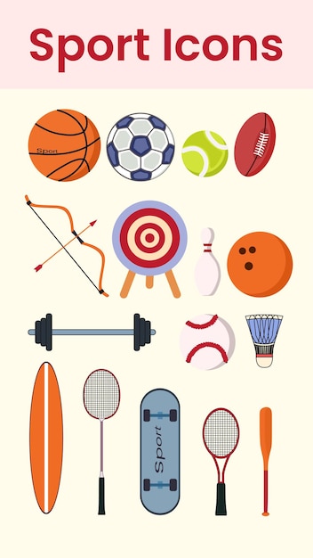 Illustration d'icônes de sport avec balle, raquette, planche de surf, basket-ball, arche, bowling, tennis, sakeboard