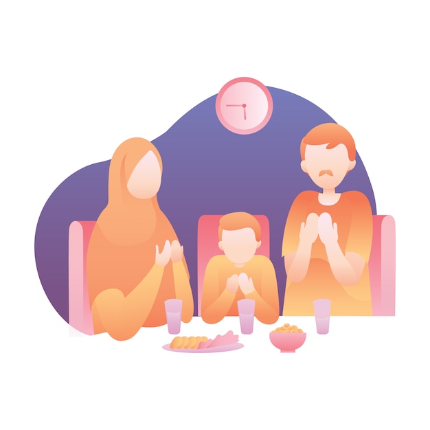 Illustration Iftar Avec Une Famille Musulmane Mangez Et Priez Ensemble à La Table Du Dîner