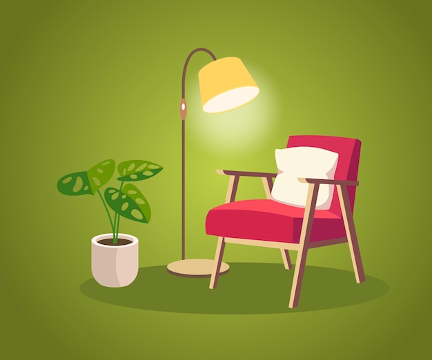 Vecteur illustration illuminée livin cosy home stuff intérieur vintage fauteuil inclus lampadaire fleur