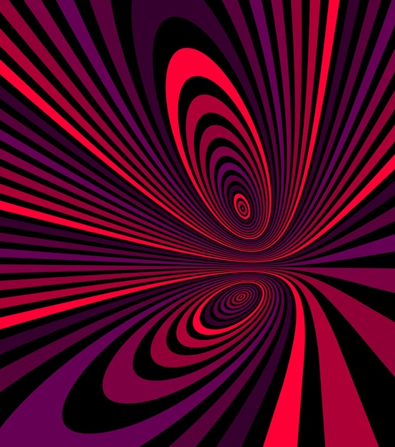 Illustration d'illusion d'optique psychédélique de lignes vectorielles abstraites rouges colorées, courbes linéaires d'art op surréaliste en perspective hyper 3D, conception déformée folle, délire d'hallucination de drogue,