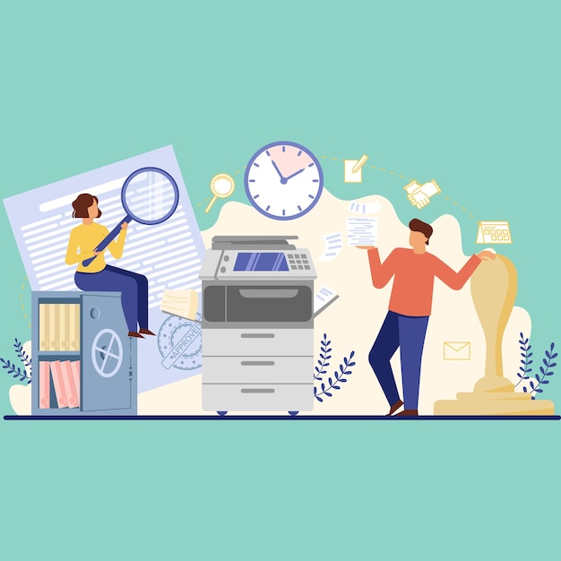 Une illustration d'une imprimante et d'une horloge