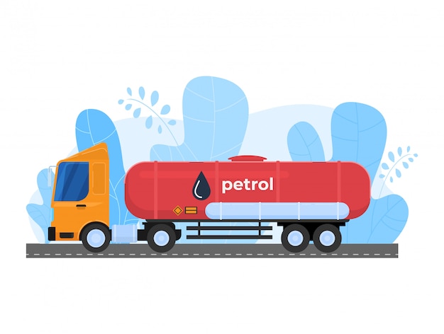 Vecteur illustration de l'industrie du gaz de pétrole, transport de marchandises de dessin animé, camion-citerne de voiture transportant l'icône de pétrole sur blanc