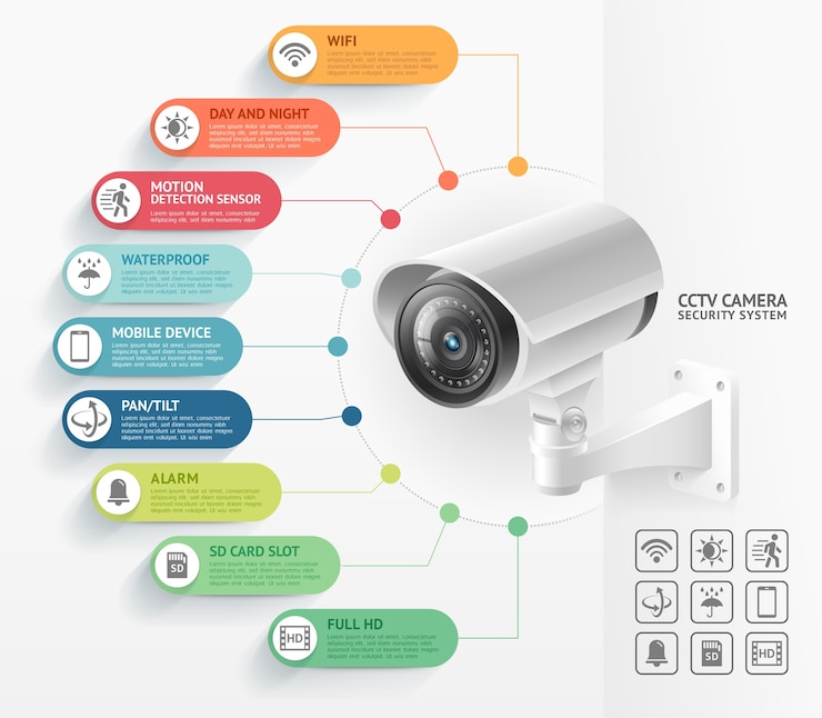 Illustration d'infographie de systèmes de surveillance vidéo de caméra de sécurité à domicile