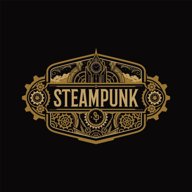 Vecteur illustration de l'insigne de la ligne d'horizon de l'équipement steampunk