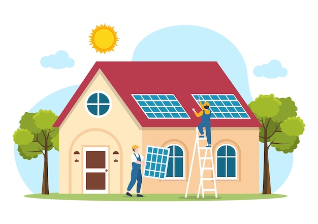 Vecteur illustration d'installation d'énergie solaire avec l'équipe de service à domicile pour l'exploitation du réseau électrique