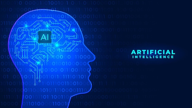 Illustration d'intelligence artificielle cerveau numérique tête humaine esquisse de circuits imprimés chipset et concept d'apprentissage automatique code binaire d'ordinateur forme de tête concepts de transfert de données sur Internet