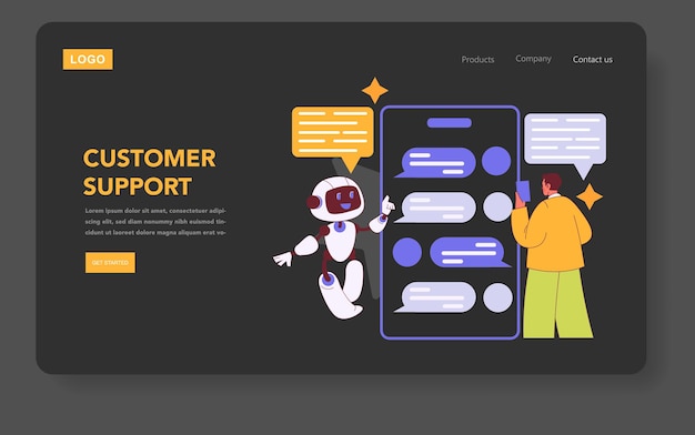 Illustration de l'interface de support client avec un robot d'intelligence artificielle et l'interaction de l'utilisateur pour l'assistance numérique