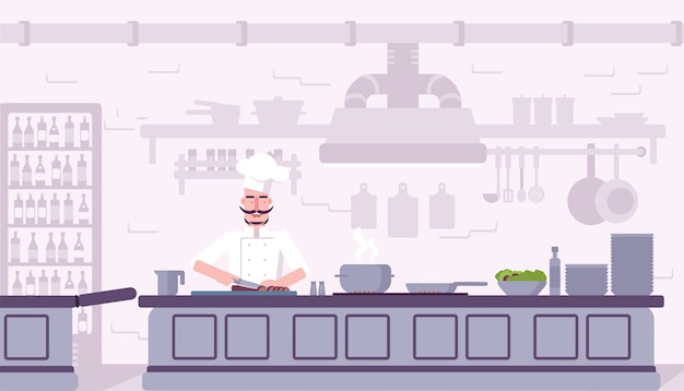 Illustration intérieure de cuisine de restaurant, chef cuisinier personnage de dessin animé de nourriture délicieuse.