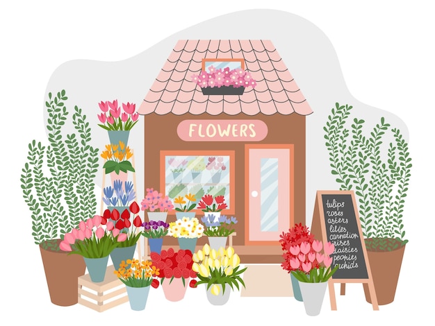 Vecteur illustration intérieure de la façade du marché floral magasin de fleurs de style plat décoré de plantes et de fleurs illustration vectorielle