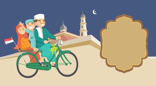 Vecteur illustration islamique de personnes faisant du vélo à la mosquée pour accueillir le ramadan eid alfitr