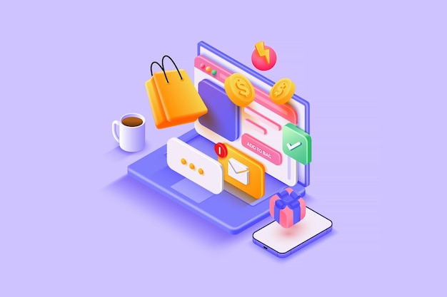 Illustration isométrique 3D moderne du commerce électronique