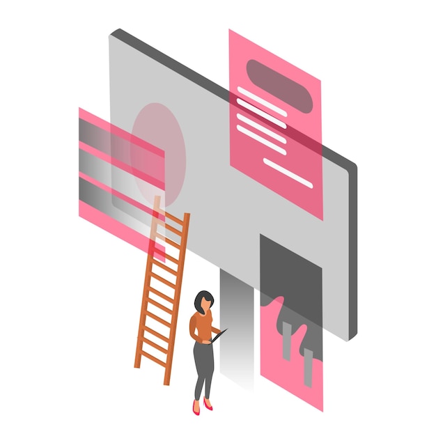 Illustration isométrique 3d pour les entreprises Isométrie une femme se tient près des escaliers