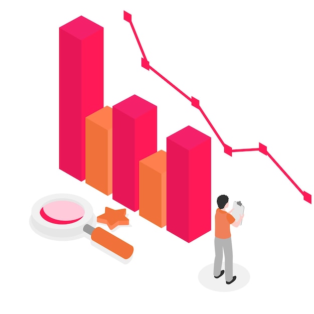 Illustration Isométrique 3d Pour Les Entreprises Isométrie Un Homme Analyse Les Graphiques La Dynamique Est Négative