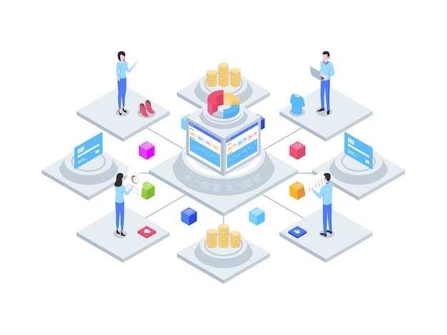 Illustration Isométrique De La Comptabilité Intégrée Du Commerce électronique. Convient Pour Les Applications Mobiles, Les Sites Web, Les Bannières, Les Diagrammes, Les Infographies Et Autres éléments Graphiques.