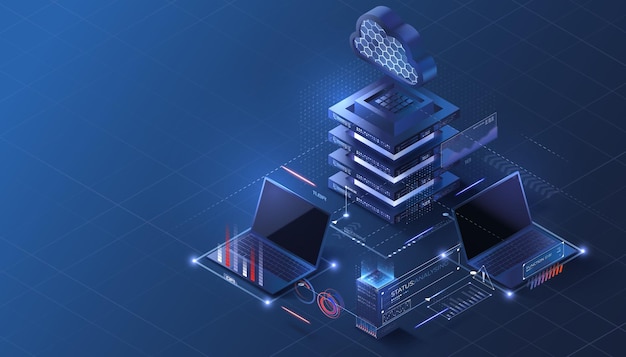 Illustration isométrique du stockage en nuage Plate-forme de serveur de données rougeoyant Plate-forme sécurisée au néon bleu