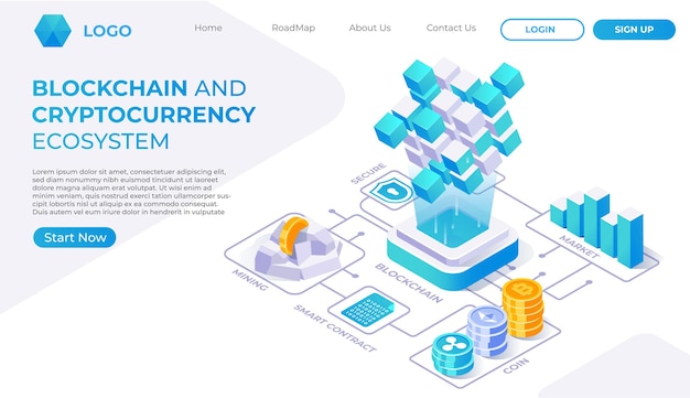 Vecteur illustration isométrique de l'écosystème de la blockchain et de la crypto-monnaie