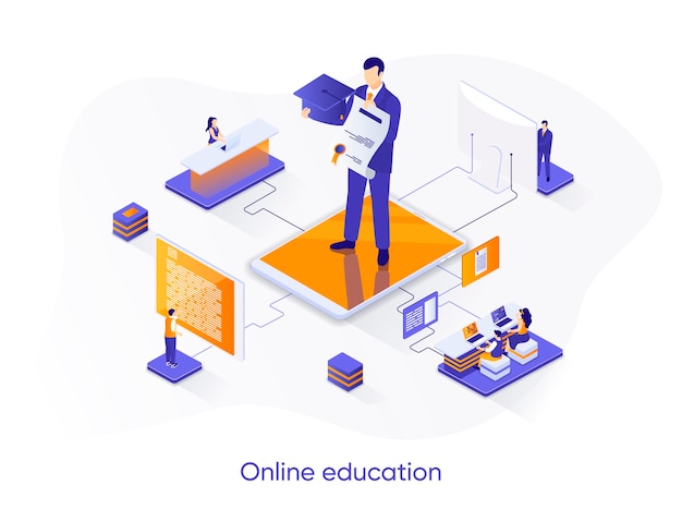 Illustration isométrique de l'éducation en ligne avec des personnages de personnes