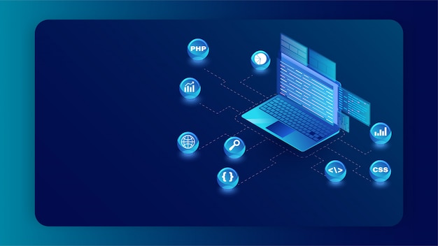 Illustration isométrique d'un ordinateur portable avec symbole de langages de programmation différents sur la bannière bleue