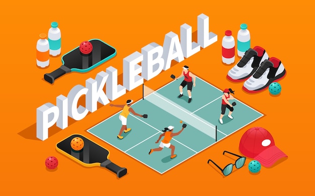 Illustration isométrique de pickleball avec du texte