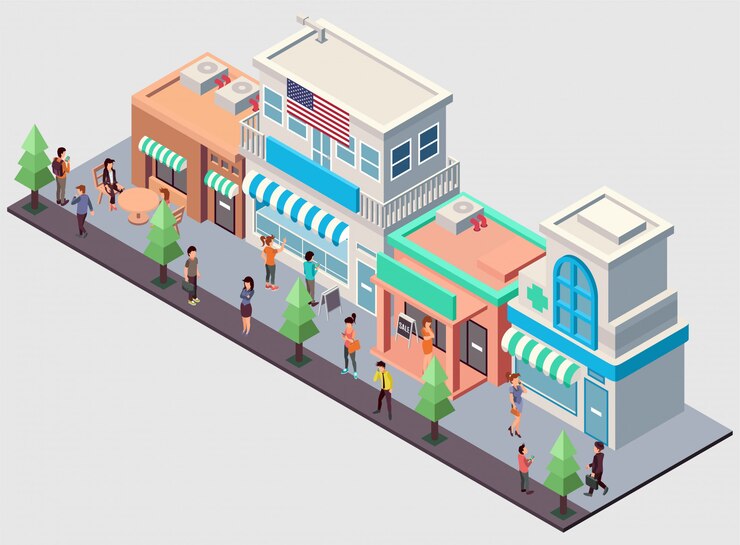 Illustration isométrique d'une rangée de magasins divers