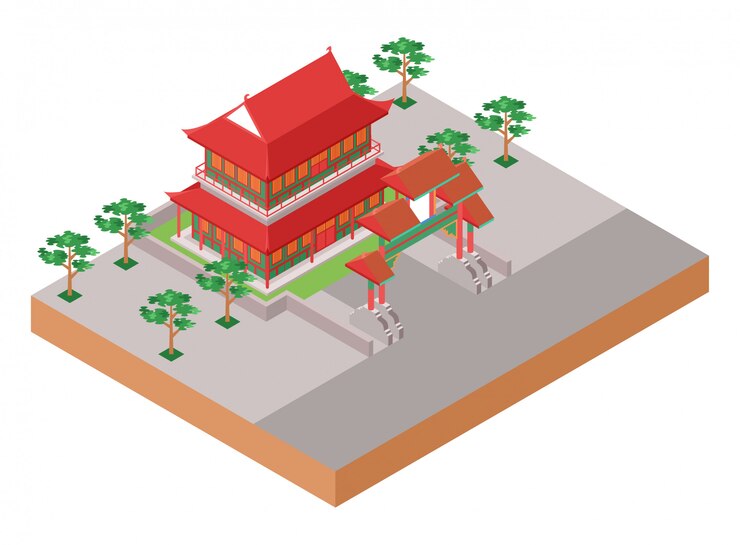 Illustration isométrique représentant l'ancien temple rouge chinois traditionnel avec porte et parc à ses côtés