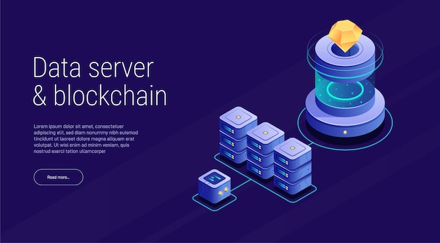 Vecteur illustration isométrique d'un serveur de données de salle de serveur ou d'une chaîne de blocs big data ou centre d'analyse 3d