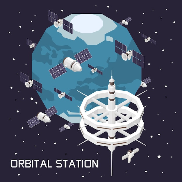 Vecteur illustration isométrique avec station spatiale orbitale et satellites