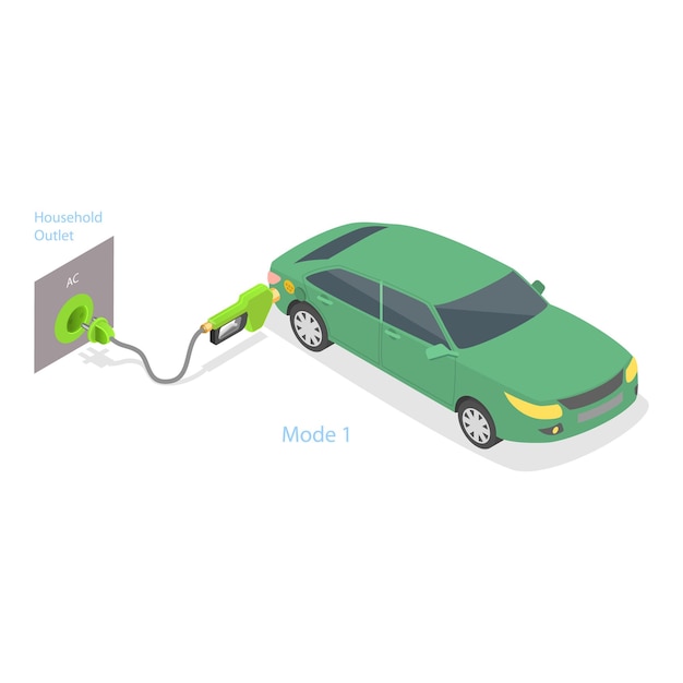 D illustration isométrique à vecteur plat des différents modes de charge des voitures électriques