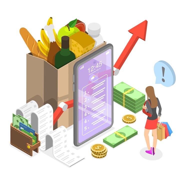 Vecteur d illustration isométrique à vecteur plat de l'inflation de la hausse des prix de la réduction du pouvoir d'achat des